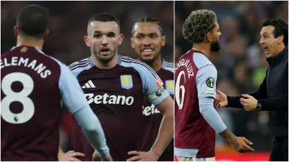 Juri Tilemans, Džon Mekgin, Bubakar Kamara, Daglas Luiz i Unai Emeri (©Reuters)