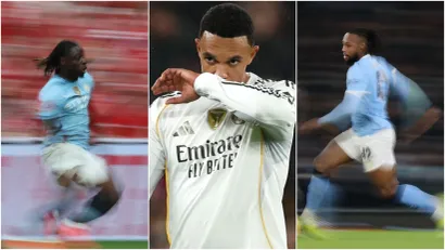 Žeremi Doku, Trent Aleksander Arnold i Antoan Semenjo (©Reuters)