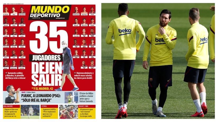 Naslovna strana Mundo Deportiva i Lionel Mesi na treningu (©Reuters)