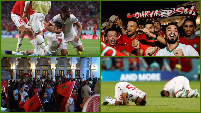 Proslave igrača i navijača Maroka posle pobede nad Belgijom (©Reuters)