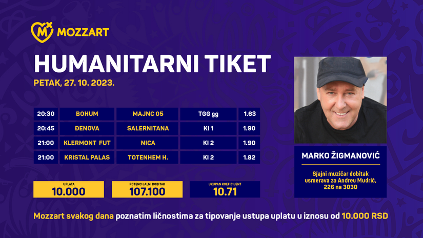 Humanitarni tiket u podne: Marko Žigmanović dobitak usmerava za Andreu Mudrić