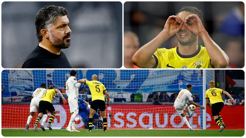 Đenaro Gatuzo, Mijat Gaćinović i trenutak kada je Amine Harit postigao gol AEK-u iz penala (©Reuters)