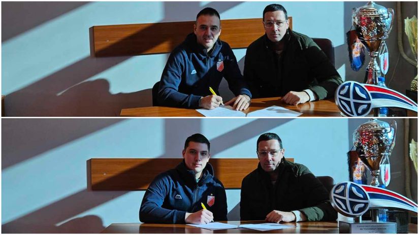 Boris Rojević i Andrej Trnavac u prisustvu Marka Vujina potpisali nove ugovore (©RK Vojvodina)