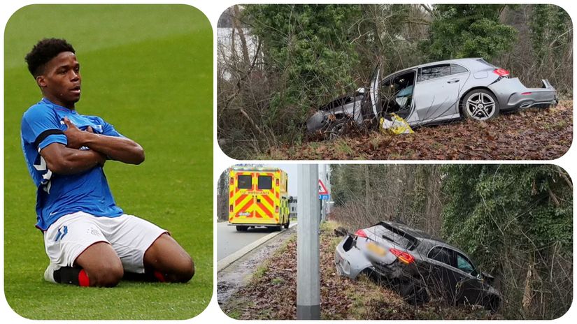 Adedapo Mebude i njegov automobil posle saobraćajne nesreće (©Reuters, ©YouTube/De Krant Van West-Vlaanderen)