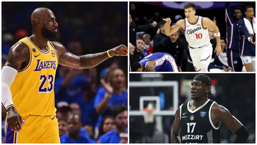 Lebron Džejms, Bogdan Bogdanović i Isak Bonga (©AFP/MN Press)