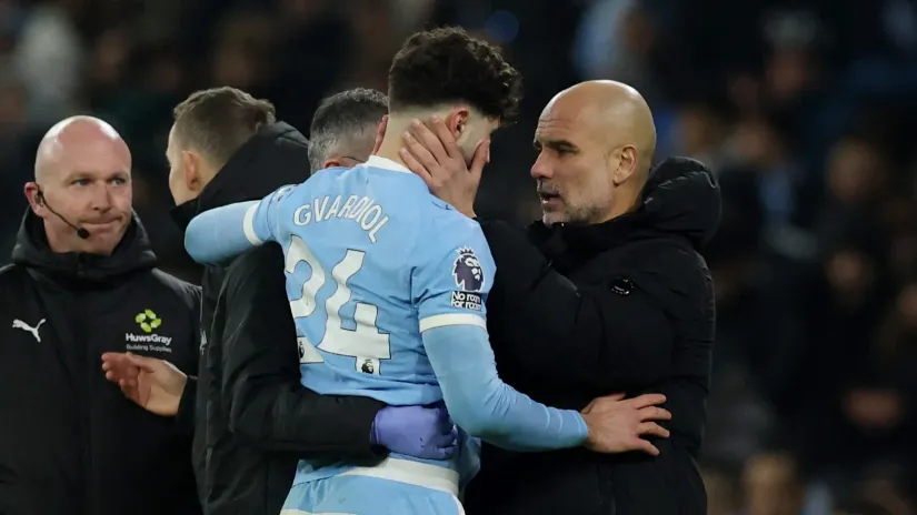 Joško Gvardiol i Pep Gvardiola (©Reuters)