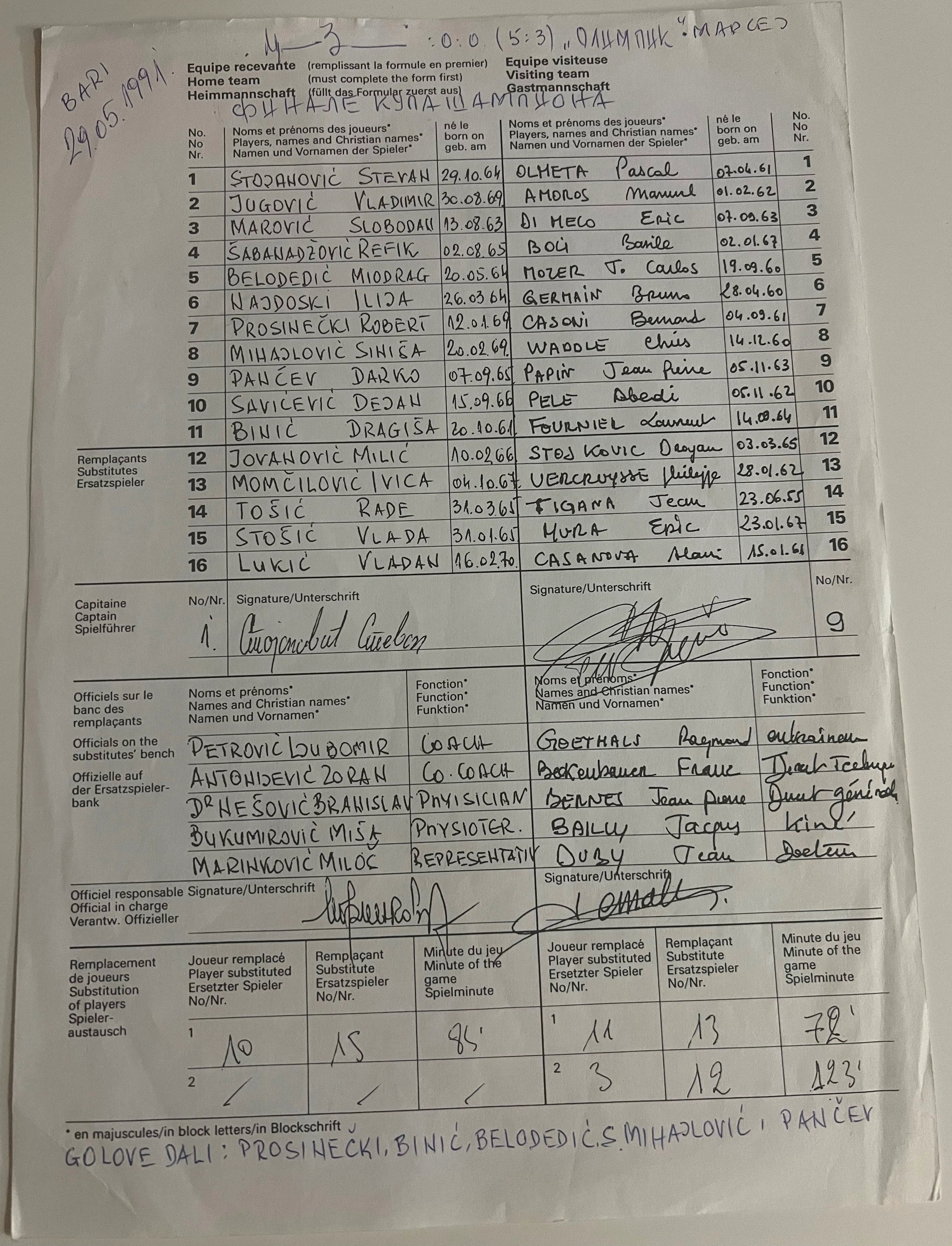 Protokol sa finala Kupa šampiona u Bariju: Crvena zvezda - Olimpik Marselj